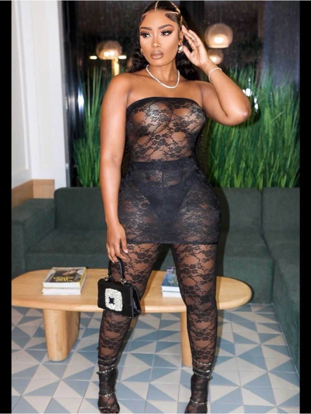 Black Lace Strapless Sheer two piece
